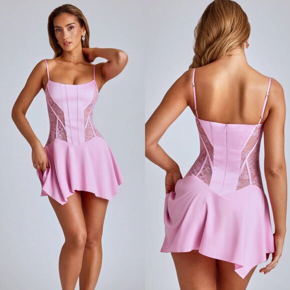 NEW OH POLLY Anniken Lace Handkerchief Hem Mini Dress in Baby Pink Size 8 - Picture 1 of 10